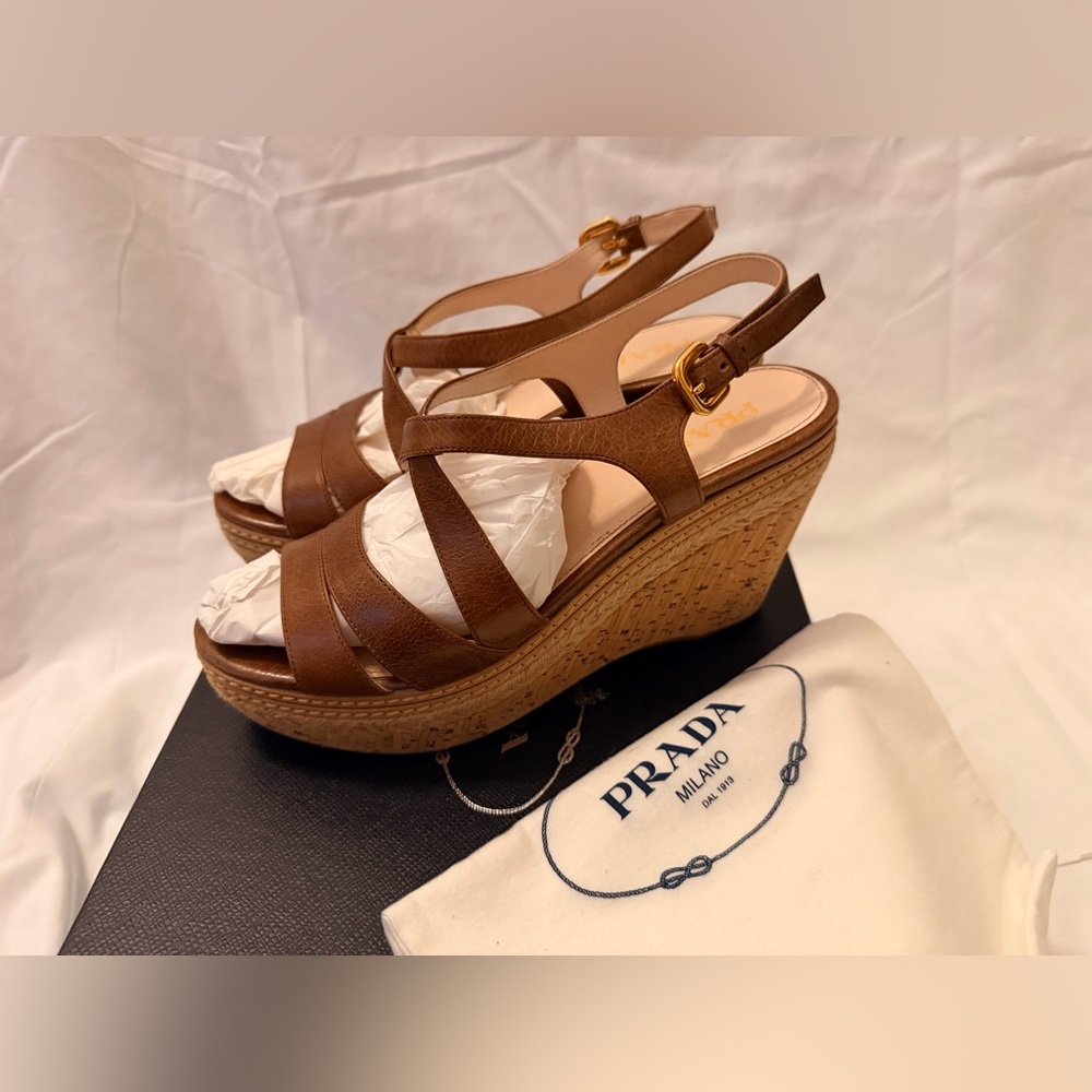 Prada Tan Leather Wedge Sandals
